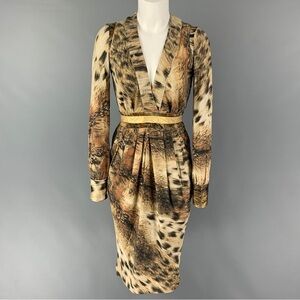 JUST CAVALLI Beige Brown Viscose Blend Marbled Long Sleeve Dress Size 42